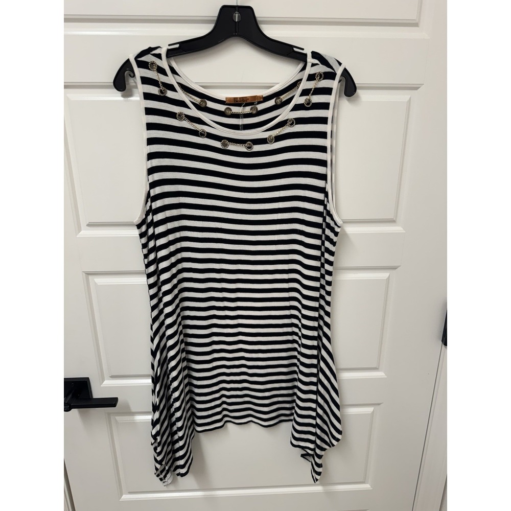 Belldini Black White Stripe Gold Chain Sharkbite Hem Sleeveless Tunic Top 1X